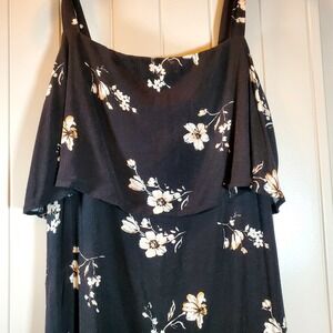 Lapis & Lillies Black Floral Dress Womens Medium Spaghetti Strap Flutter Overlay